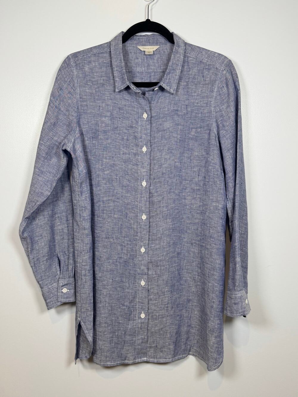 Garnet Hill Size S Linen Button-up Tunic Shirt Blue